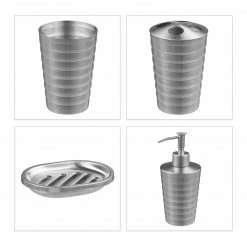 Relaxdays 4-tlg. Badezimmer Set Edelstahl matt -Badaccessoires Verkäufe 08d114d7197243fda171a970f33a9881