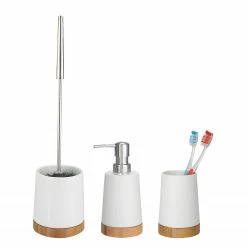 WENKO Bad-Accessoire-Set Bamboo (3-teilig) - Keramik - Weiß / Braun