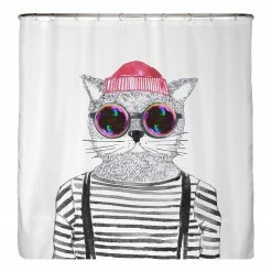 Arteneur Recycling-Duschvorhang Hipster Katze - Polyester - Mehrfarbig - 180 x 180 cm