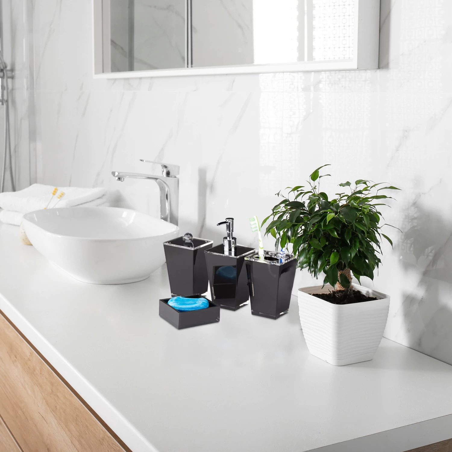 Relaxdays Badaccessoires Set 5-teilig - Schwarz - Silber 4 Relaxdays Badaccessoires Set 5-teilig - Schwarz - Silber – Bild 2