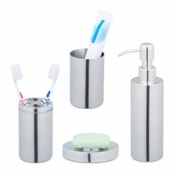 Relaxdays 4-tlg. Badezimmer Set glänzendes Silber